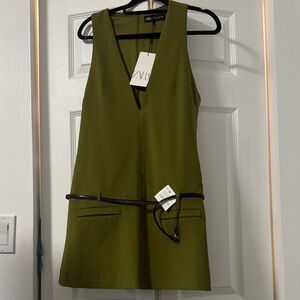 Zara Khaki Green V-Neck Mini Dress